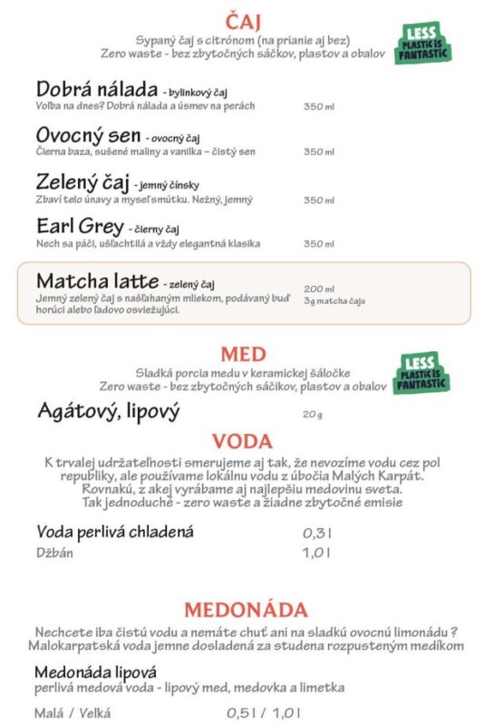 Nápojový lístok - Čaje ovocné aj bylinné, med agátový a lipový, voda, lipová medonáda