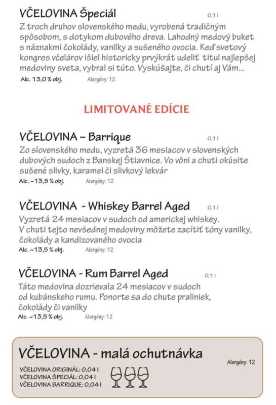 Nápojový lístok - Včelovina Špeciál a limitované edície Včelovín (Barrique, Whiskey, Rum)