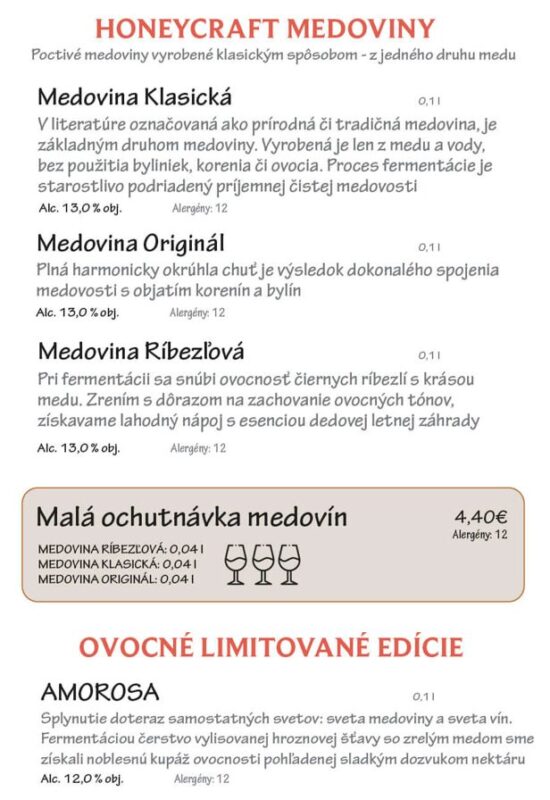Nápojový lístok - Honexcraft Medoviny, malá ochutnávka medovín, ovocná limitka Amorosa