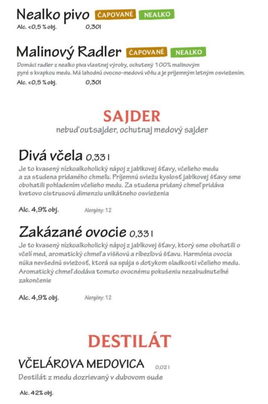 Nápojový lístok - Nealko pivo, malinový radler, sajdre a destilát Včelárova Medovica